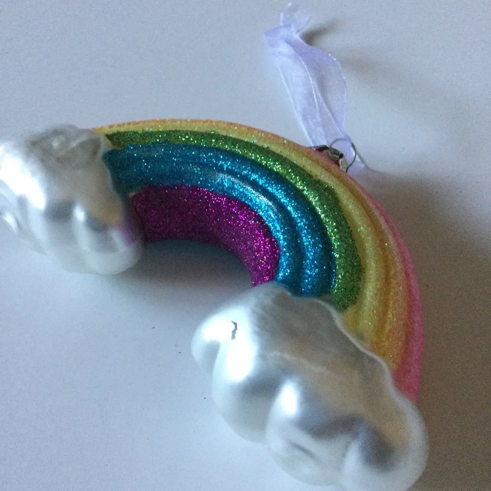 CODY FOSTER GLITTER RAINBOW AND CLOUDS GLASS ORNAMENT NEW